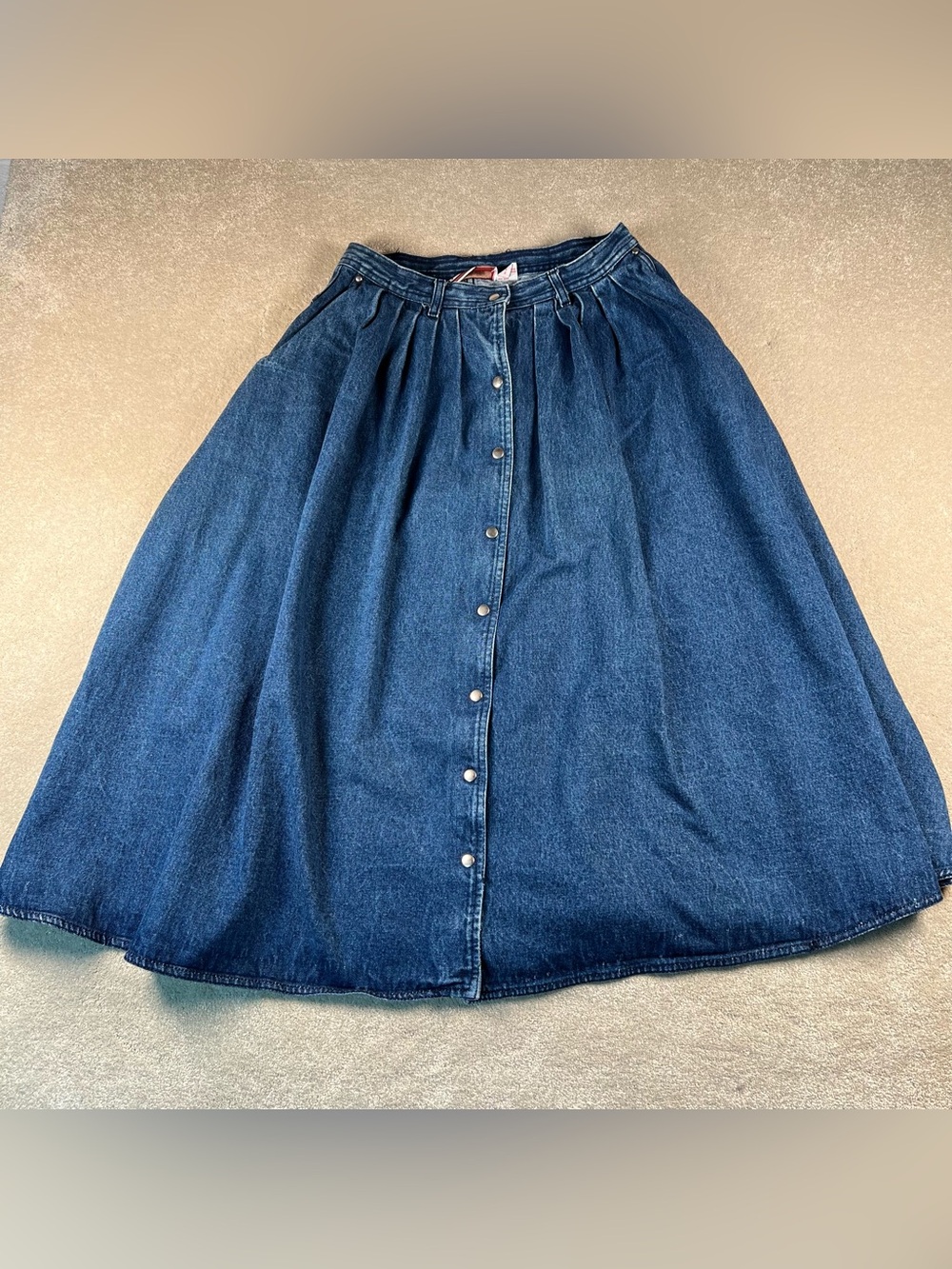 Vintage Denim Skirt Snap Front 100% Cotton Pleated A Line Blue Jean Women's 12